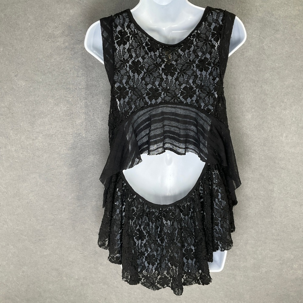 Free People Top Sz M Black‎ Lace Ruffle Layered Open Back Sleeveless Whimsigoth - Picture 2 of 8